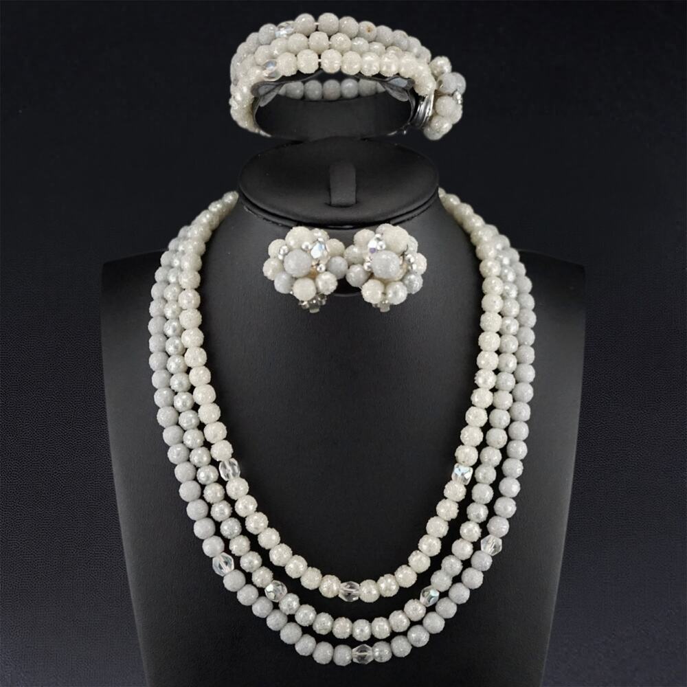 Vintage MCM Sugar Bead Parure Set White Multi Strand Necklace‎ Bracelet Set